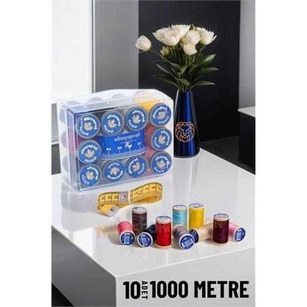 10 Renk 1000 Mt Kutulu Mezuralı Dikiş İpliği Seti - Image 1