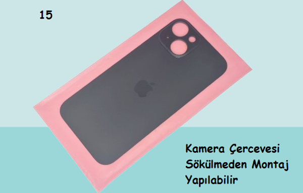 Tkgz - iPhone 15 Arka Pil Batarya Kapağı - Cam kapak Geniş Lens Deliği - SİYAH - Image 1