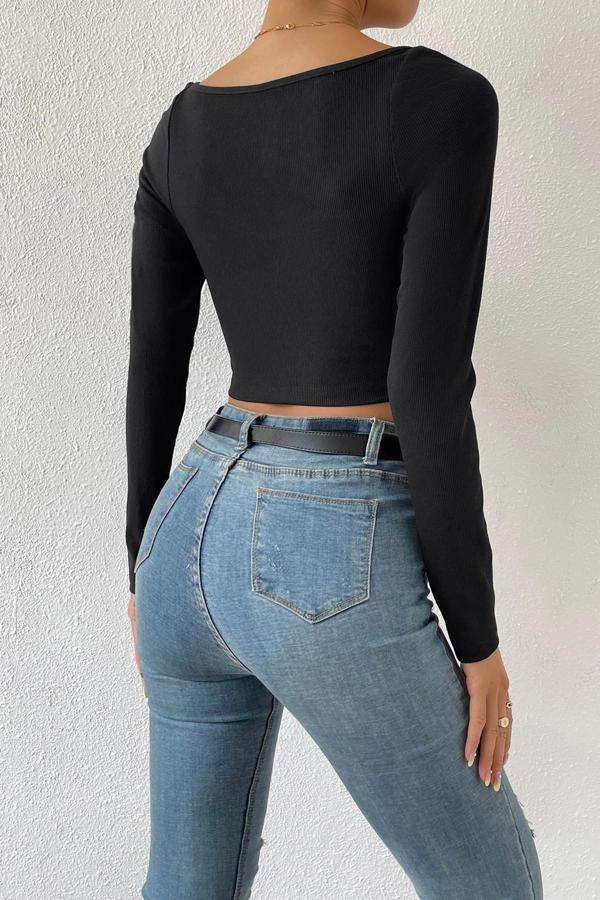 Kadın Siyah Uzun Kol Göğüs Dekolteli Şık Crop Top Bluz - Image 1