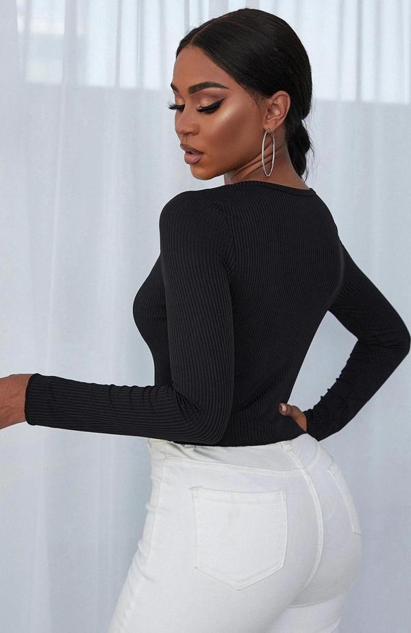 Kadın Siyah Uzun Kollu Düğmeli Göğüs ve Göbek Dekolteli Crop Top Bluz - Image 1