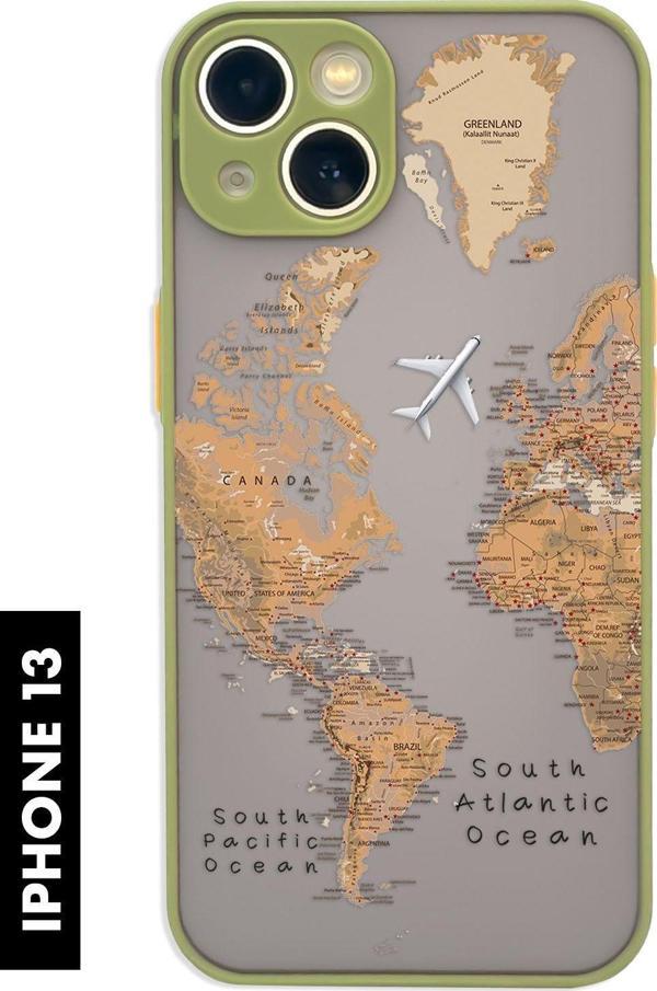 Mooodcase İphone 13 Uyumlu Dünya Harita Desenli Buzlu Şeffaf Lüx Telefon Kılıfı Yeşil - Image 1