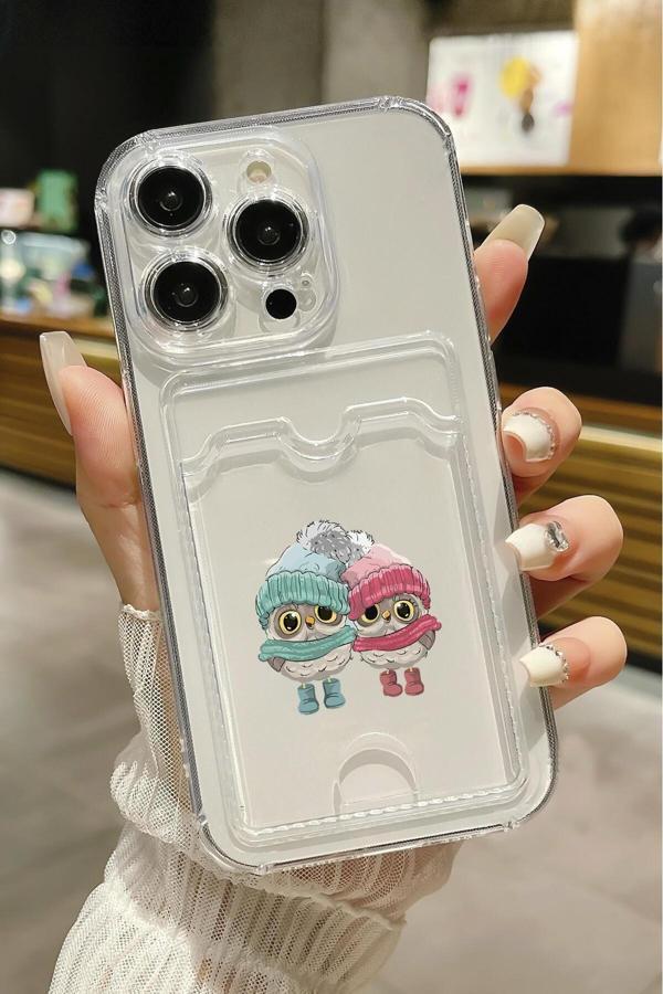 Mooodcase İphone 13 Pro Uyumlu Bereli Baykuşlar Desenli Şeffaf Kamera Korumalı Ve Kartlıklı Telefon Kılıfı - Image 1