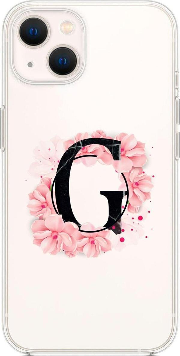 Mooodcase İphone 13 Pembe Çiçek Desen G Harfli Premium Şeffaf Silikon Kılıf - Image 1