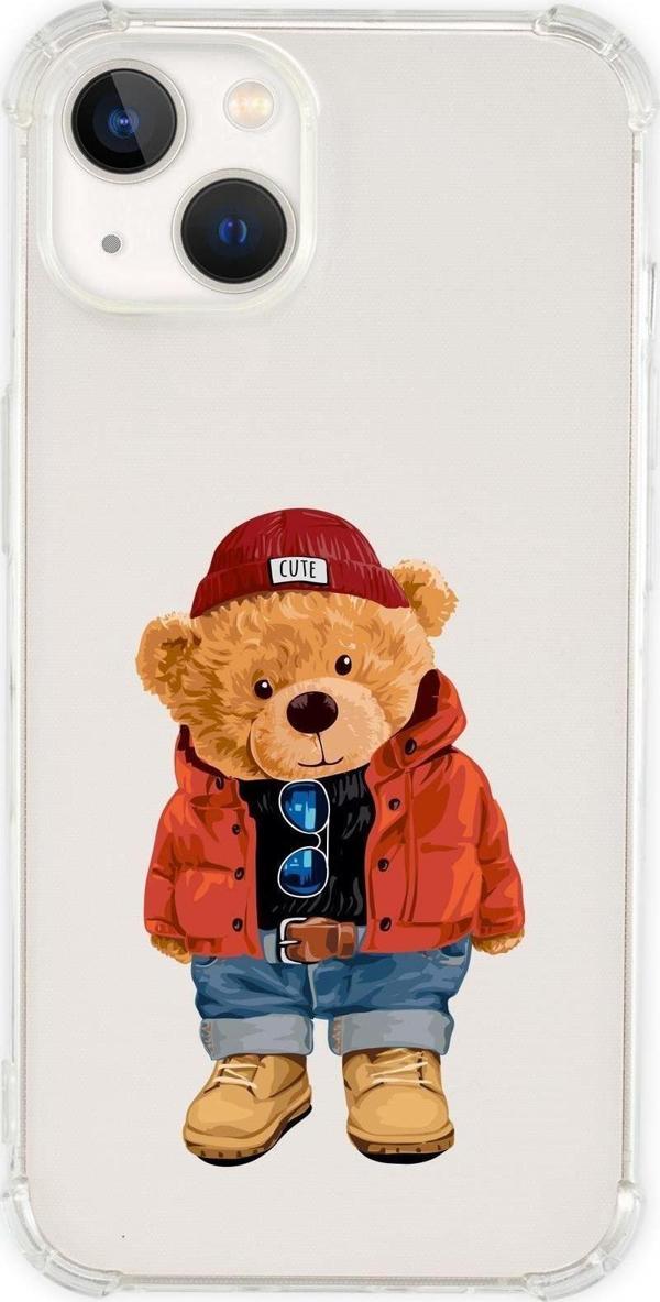 Mooodcase İphone 13 Uyumlu Teddy Bear Desenli Anti Shock Olex Köşe Darbe Korumalı Silikonlu Şeffaf Kılıf - Image 1