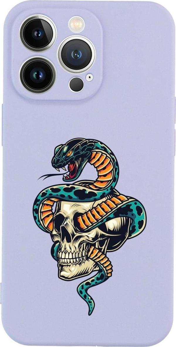 Butikcase İphone 13 Pro Kuru Kafa Ve Yılan Tasarımlı Lila Telefon Kılıfı - Image 1