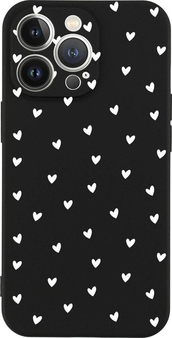 Butikcase İphone 13 Pro Minik Kalpler Beyaz Tasarımlı Siyah Telefon Kılıfı - Image 1