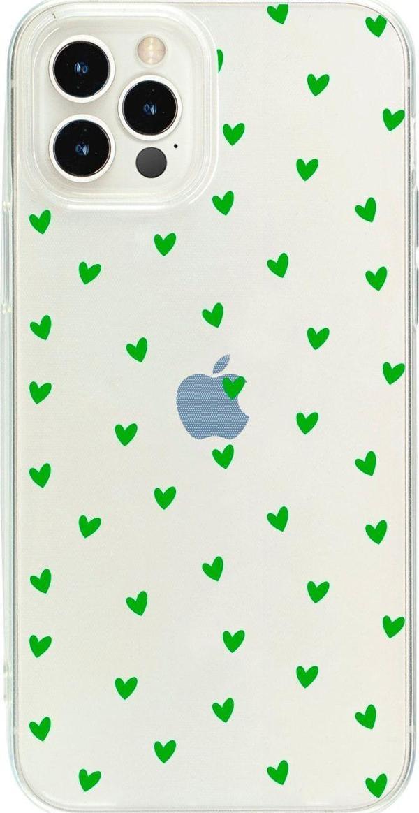 Butikcase İphone 13 Pro Minik Kalpler Yeşil Desenli Şeffaf Telefon Kılıfı - Image 1