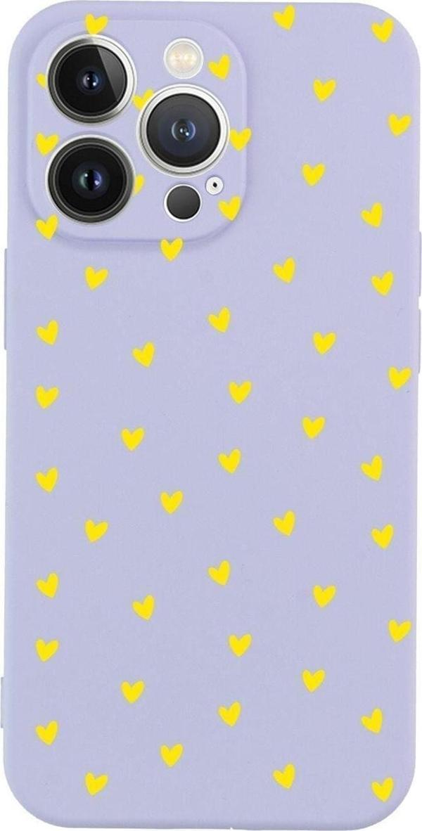 Butikcase İphone 13 Pro Minik Kalpler Sarı Tasarımlı Lila Telefon Kılıfı - Image 1
