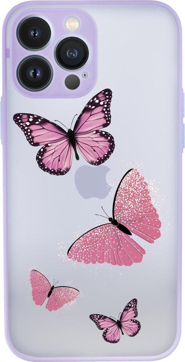 Mooodcase İphone 13 Pro Uyumlu Pembe Kelebekler Desenli Kamera Korumalı Buzlu Şeffaf Lüx Telefon Kılıfı - Image 1