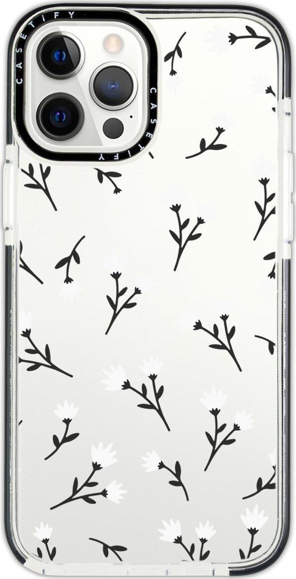 Mooodcase İphone 13 Pro Uyumlu Casetify Beyaz Çiçekler Desenli Anti Shock Premium Silikonlu Siyah Kenar Detayl - Image 1