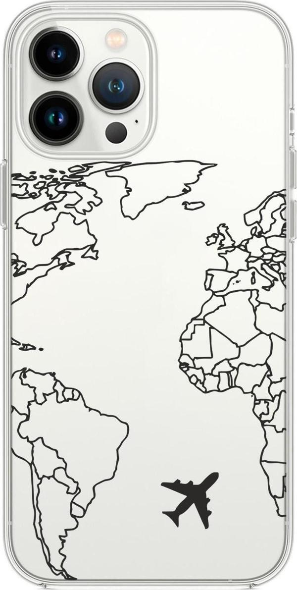 Mooodcase İphone 13 Pro Max Uyumlu World Map Lines Desenli Premium Silikonlu Şeffaf Telefon Kılıfı - Image 1