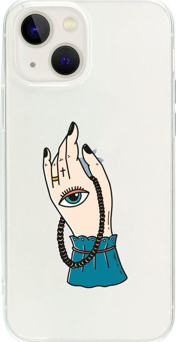 Butikcase İphone 13 Mini El Ve Göz Desenli Şeffaf Telefon Kılıfı - Image 1