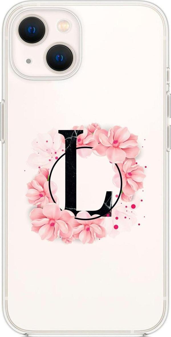 Mooodcase İphone 13 Pembe Çiçek Desen L Harfli Premium Şeffaf Silikon Kılıf - Image 1