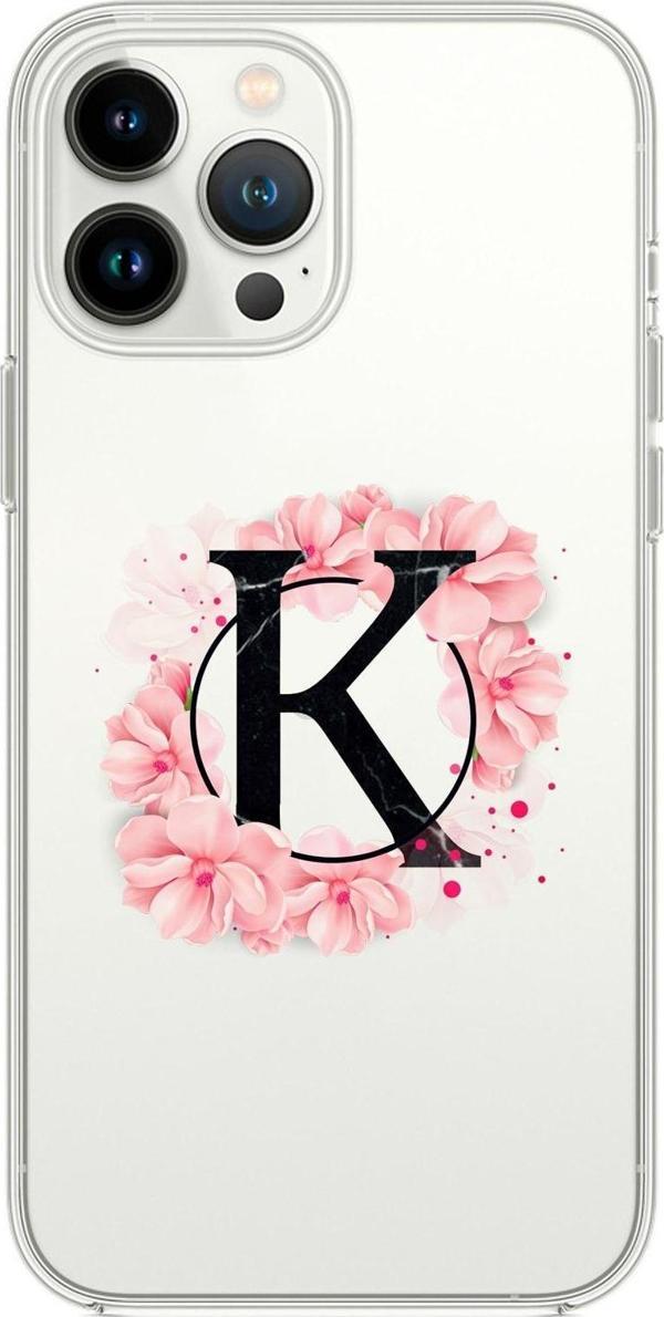 Mooodcase İphone 13 Pro Max Pembe Çiçek Desen K Harfli Premium Şeffaf Silikon Kılıf - Image 1