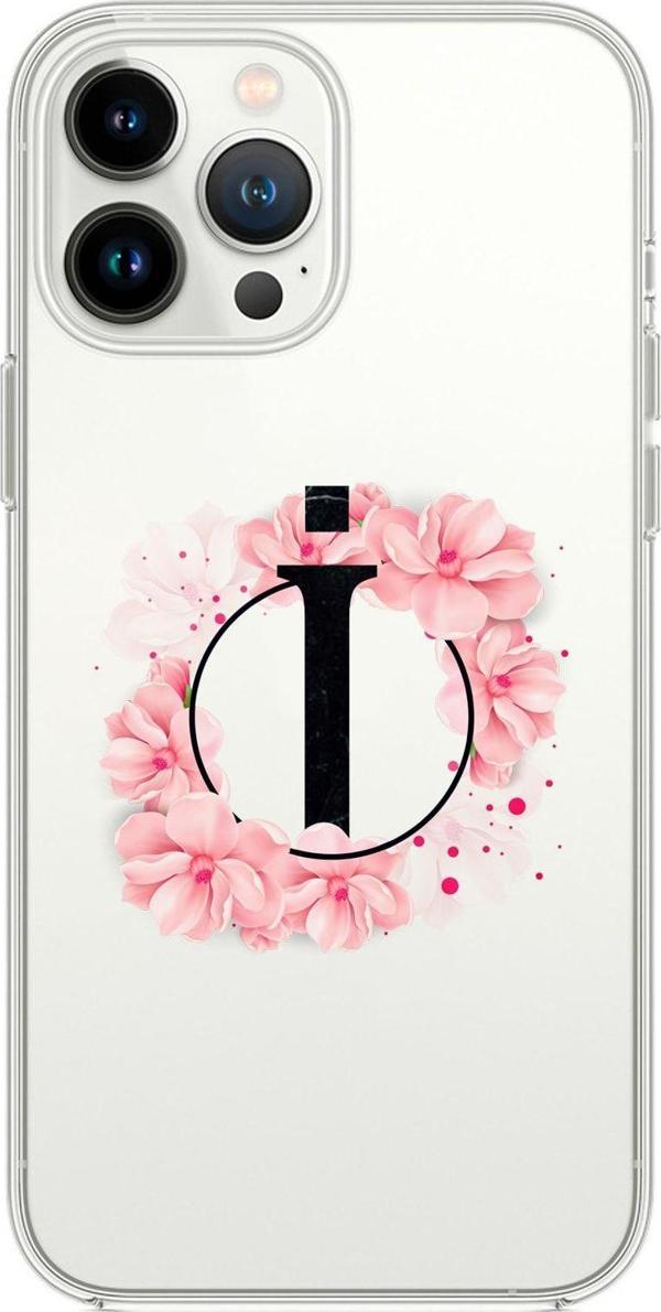 Mooodcase İphone 13 Pro Max Pembe Çiçek Desen I Harfli Premium Şeffaf Silikon Kılıf - Image 1