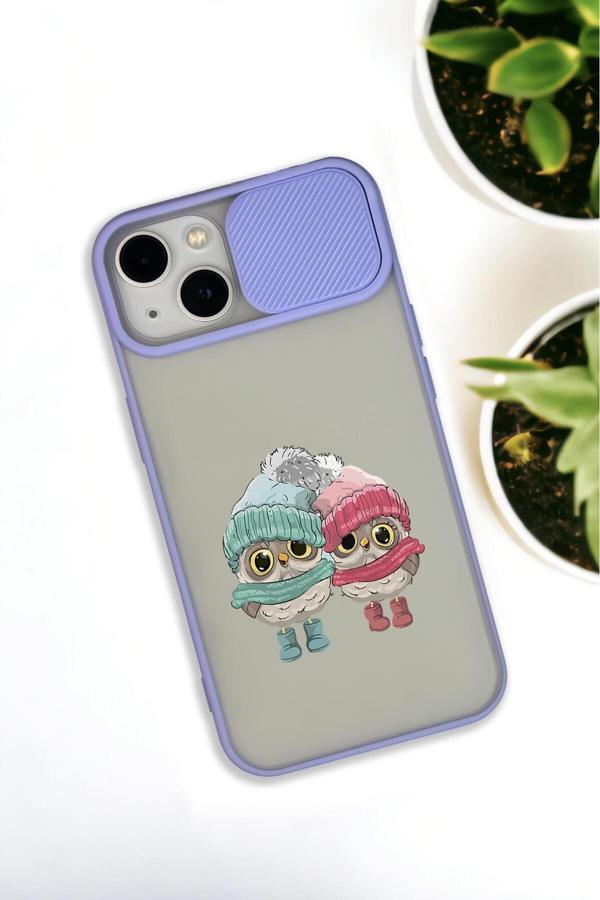 Mooodcase İphone 13 Uyumlu Bereli Baykuşlar Desenli Kamera Koruma Sürgülü Kapaklı Telefon Kılıfı - Image 1