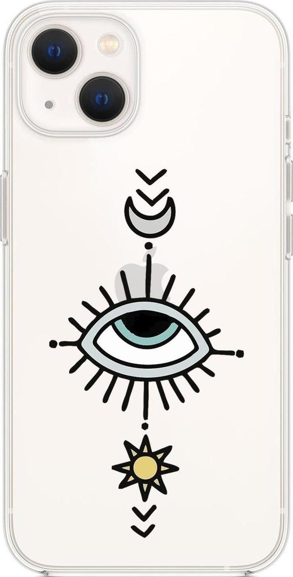Mooodcase İphone 13 Mini Nazar Göz Desenli Premium Silikonlu Şeffaf Telefon Kılıfı Uyumlu - Image 1