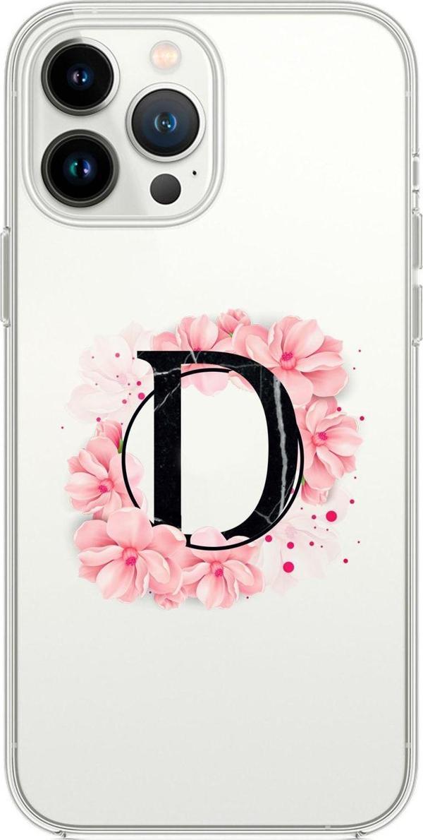 Mooodcase İphone 13 Pro Max Pembe Çiçek Desen D Harfli Premium Şeffaf Silikon Kılıf - Image 1