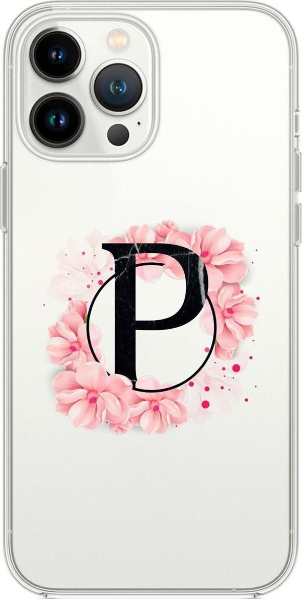 Mooodcase İphone 13 Pro Max Pembe Çiçek Desen P Harfli Premium Şeffaf Silikon Kılıf - Image 1