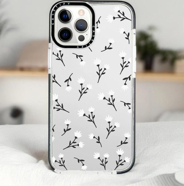 Mooodcase İphone 13 Pro Beyaz Çiçekler Desenli Casetify Darbe Emci Silikonlu Telefon Kılıfı - Image 1