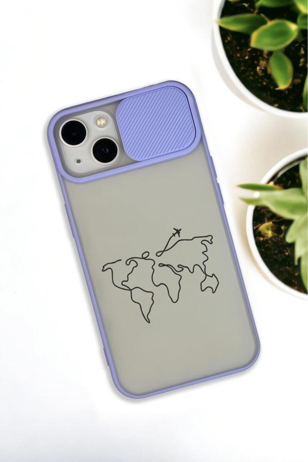 Mooodcase İphone 13 Uyumlu Dünya Harita Rotalı Desenli Kamera Koruma Sürgülü Kapaklı Telefon Kılıfı - Image 1