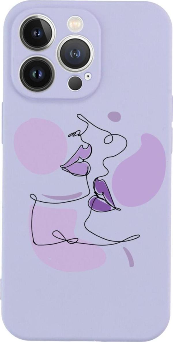 Butikcase İphone 13 Pro Face Art Lips Tasarımlı Lila Telefon Kılıfı - Image 1