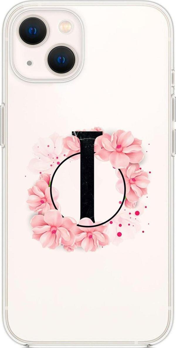 Mooodcase İphone 13 Pembe Çiçek Desen I Harfli Premium Şeffaf Silikon Kılıf - Image 1