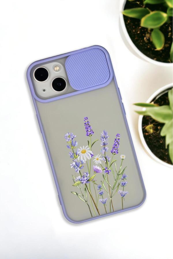 Mooodcase İphone 13 Uyumlu Lavender Desenli Kamera Koruma Sürgülü Kapaklı Telefon Kılıfı - Image 1