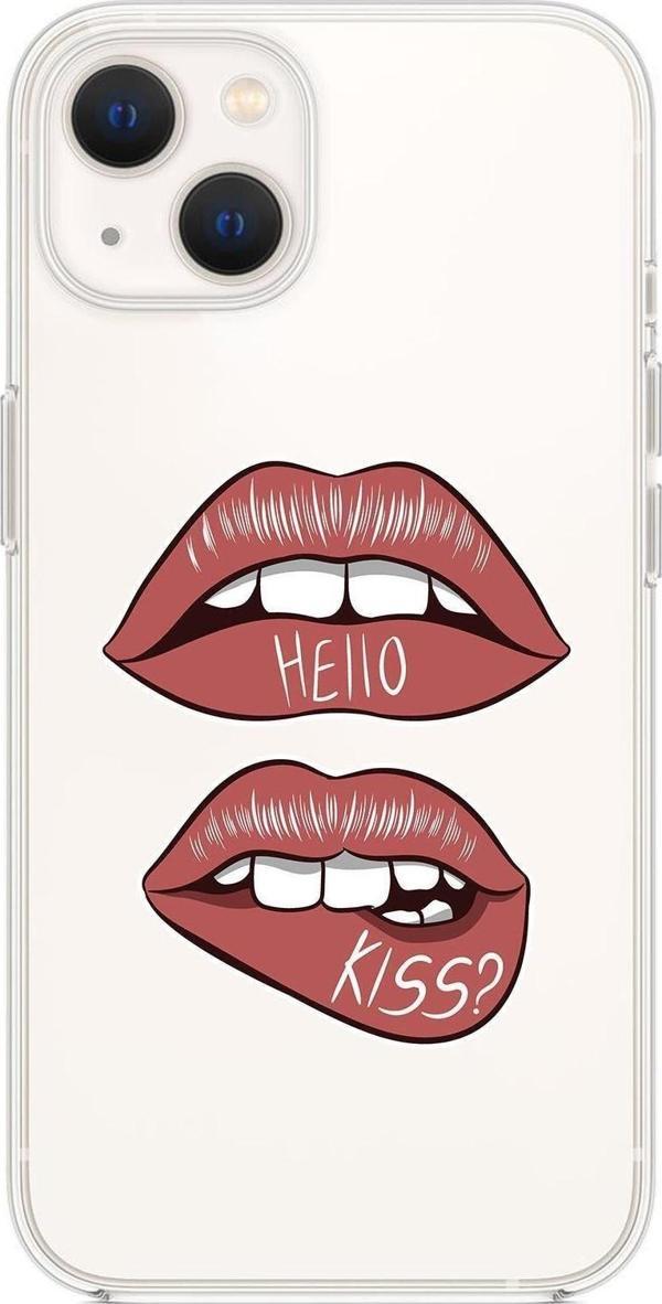 Mooodcase İphone 13 Mini Uyumlu Hello Kiss Desenli Premium Silikonlu Şeffaf Telefon Kılıfı - Image 1
