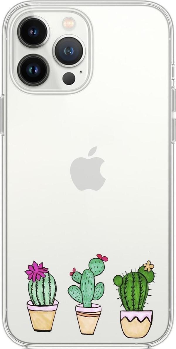 Mooodcase İphone 13 Pro Uyumlu Üçlü Kaktüs Desenli Premium Silikonlu Şeffaf Telefon Kılıfı - Image 1