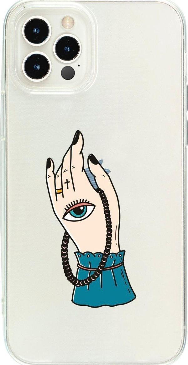 Butikcase İphone 13 Pro El Ve Göz Desenli Şeffaf Telefon Kılıfı - Image 1