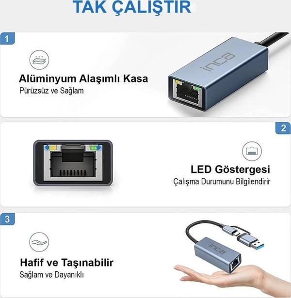 Inca IUTP-01TX Ethernet Adaptörü USB ve TYPE-Cye Bağlantı USB 3.0 ve TYPE-C 3.1 Alüminyum 1000Mbps - Image 1