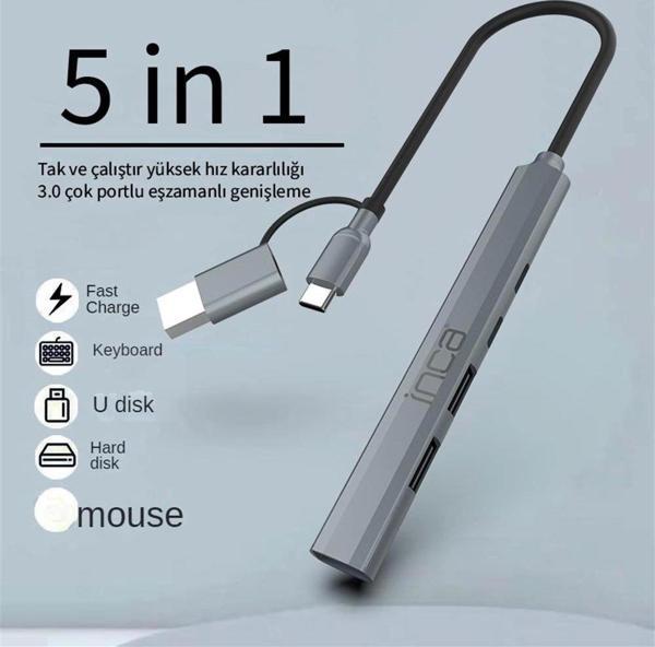Inca IUTP-06TX 5in1 USB 3.0 + 2xUSB 2.0+Type-C+PD 100W USB+Type-C Çoklayıcı 3.0 ile 5 Gbps - Image 1