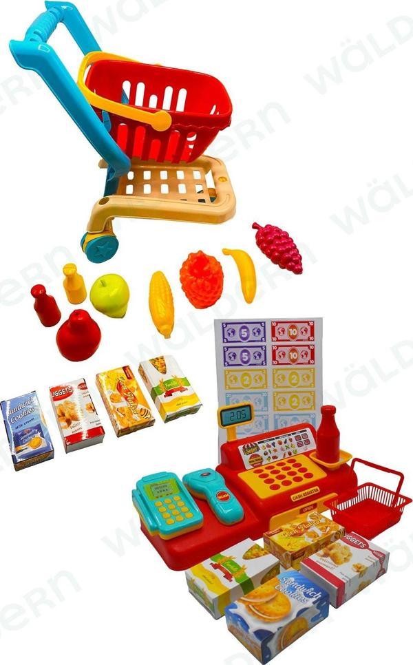 Waldern Toys Yazar Kasa Alışveriş Seti Meyveli Market Arabası Market - Pazar Evcilik Oyun Seti - Image 1