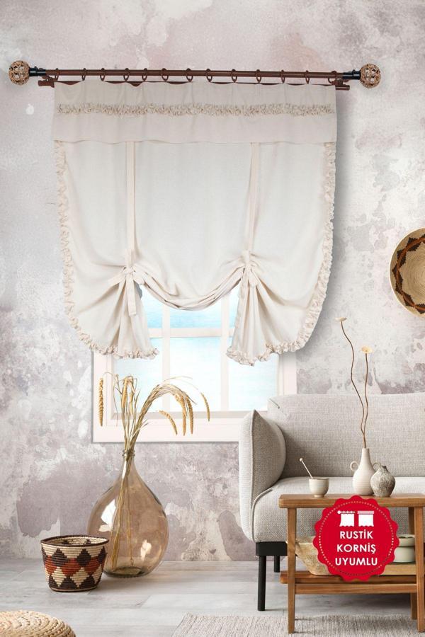Cotton Maison Naturel Potlu Perde Bohem Büzgü Bantlı - Image 1
