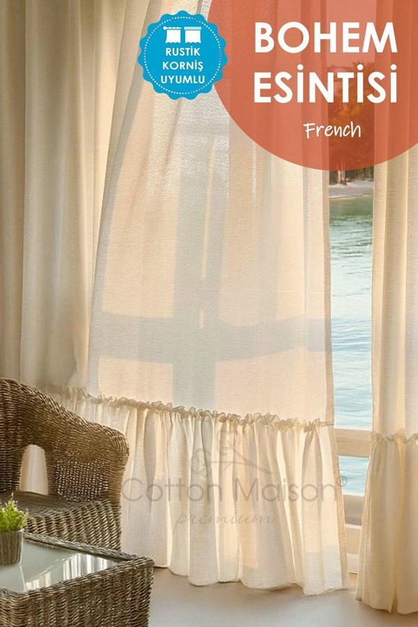 Cotton Maison Naturel Bohem French Stil Fırfırlı Perde - Tek Kanat, Rustik Ve Korniş Uyumlu - Image 1