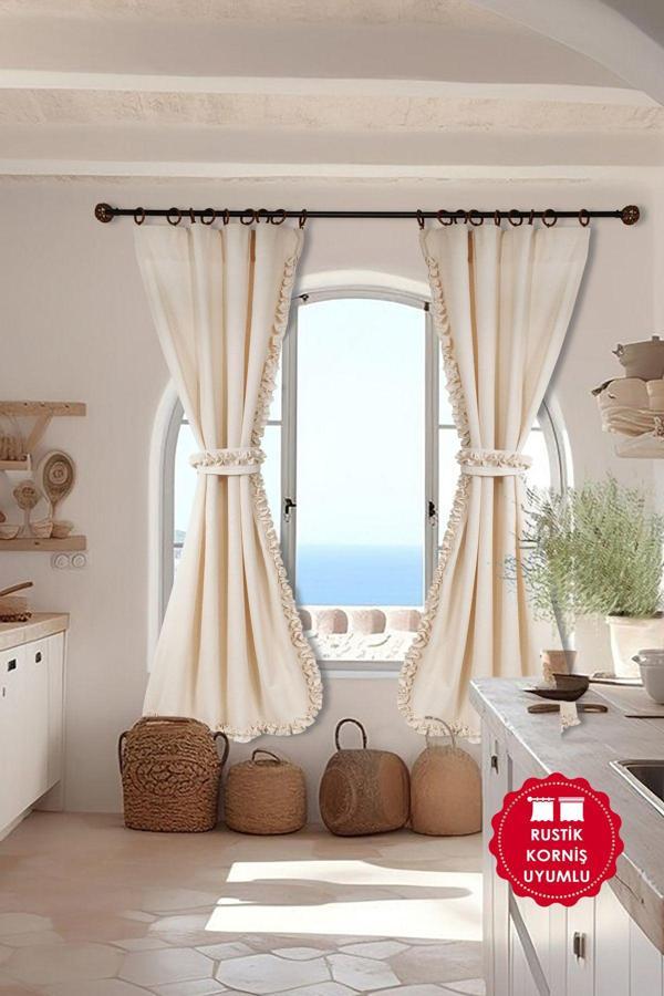 Cotton Maison Naturel Perde Bohem Çift Kanat Büzgü Bantlı - Image 1