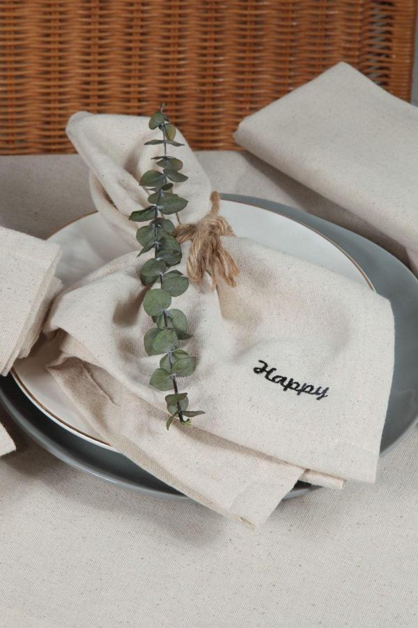 Cotton Maison Naturel Peçete 6 Lı Motto Işlemeli Pamuk Keten Otantik 45X45 Cm Happy - Image 1
