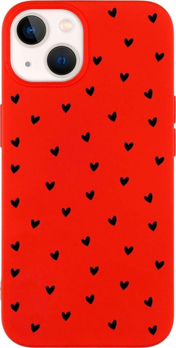 Butikcase İphone 14 Minik Kalpler Siyah Desenli Lansman Kırmızı Telefon Kılıfı - Image 1
