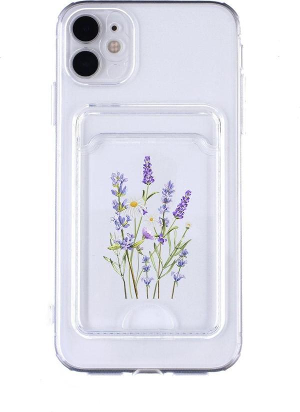Mooodcase İphone 12 Uyumlu Lavender Desenli Şeffaf Kamera Korumalı Ve Kartlıklı Telefon Kılıfı - Image 1