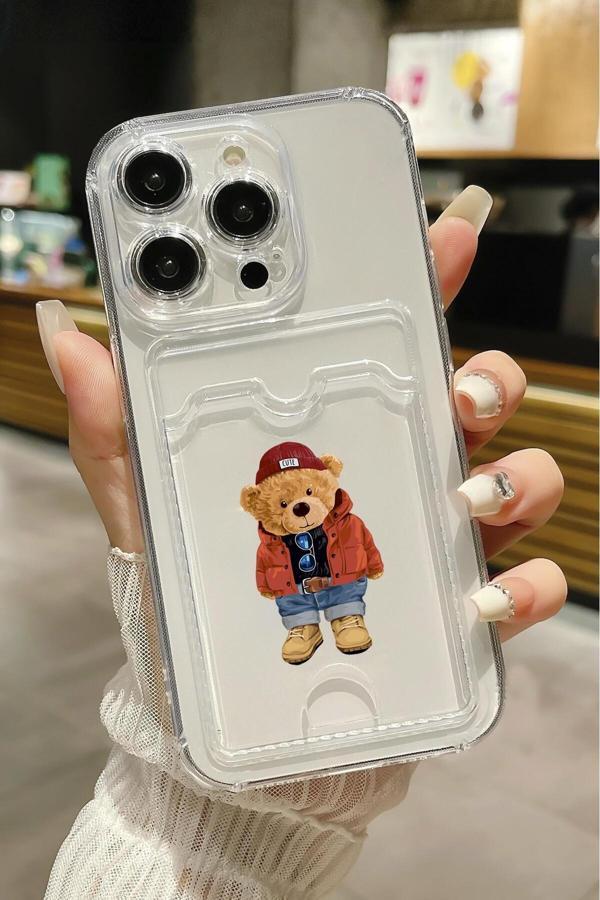 Mooodcase İphone 14 Pro Uyumlu Teddy Bear Desenli Şeffaf Kamera Korumalı Ve Kartlıklı Telefon Kılıfı - Image 1