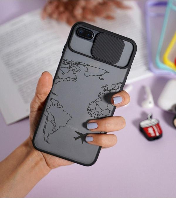 Mooodcase İphone 7 Plus Uyumlu World Map Lines Desenli Kamera Korumalı Siyah Telefon Kılıfı - Image 1