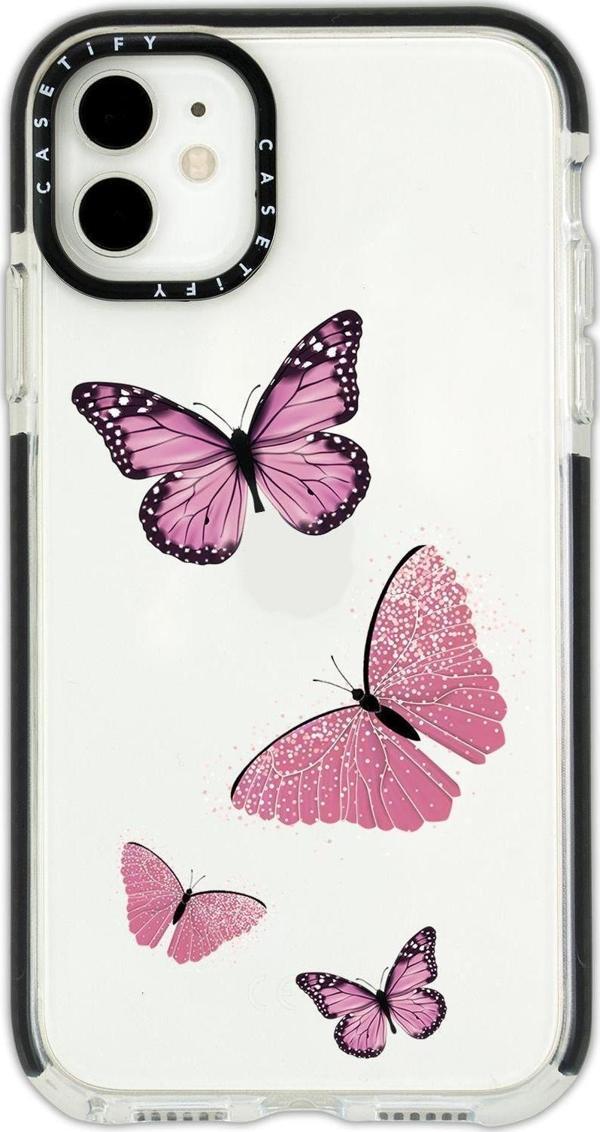 Mooodcase İphone 12 Casetify Pembe Kelebekler Desenli Anti Shock Premium Silikonlu Siyah Kenar Detaylı Telefon - Image 1