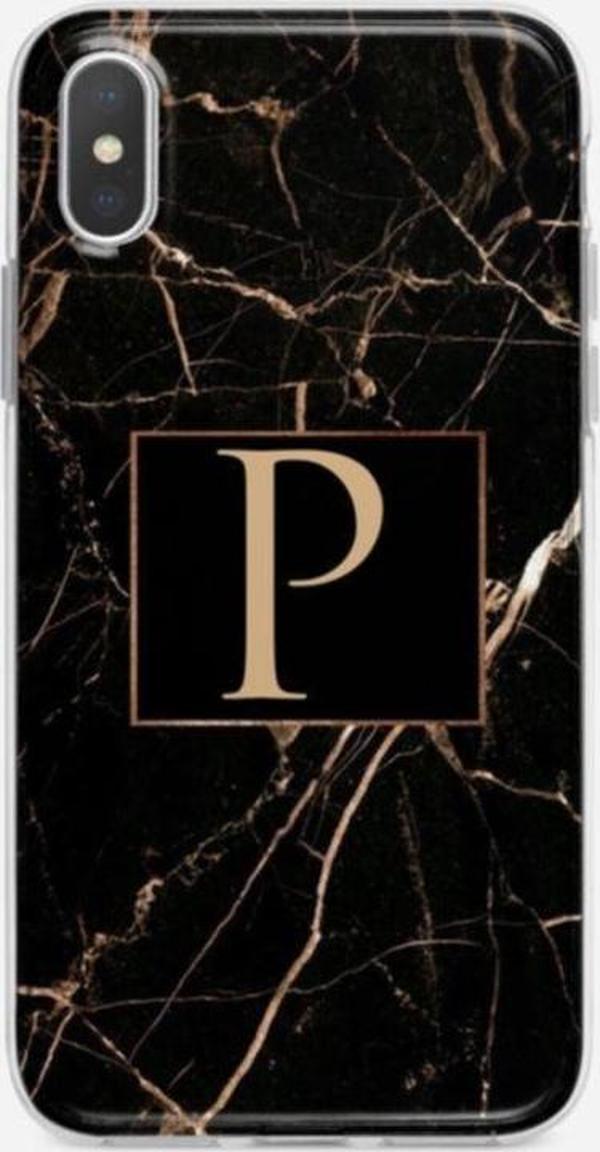 Mooodcase İphone X Siyah Mermer Desen P Harfli Telefon Kılıfı - Image 1