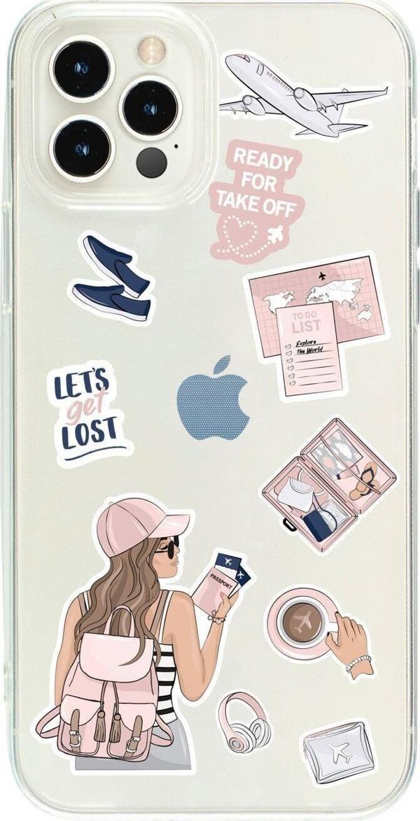 Butikcase İphone 15 Pro Max Pink Travel Desenli Şeffaf Telefon Kılıfı - Image 1