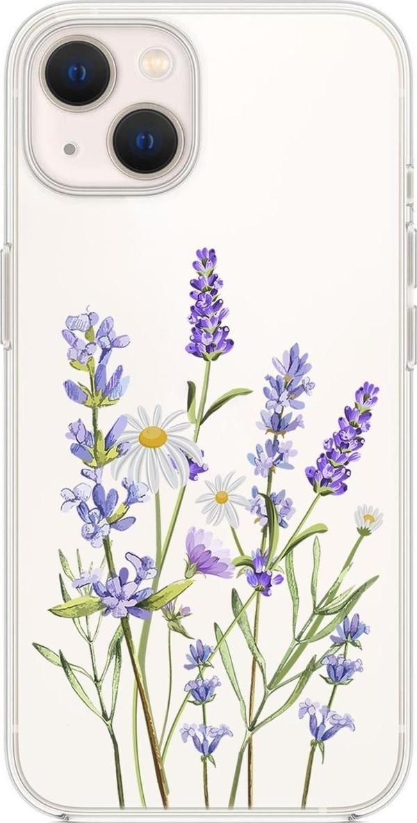 Mooodcase İphone 14 Uyumlu Lavender Desenli Şeffaf Silikonlu Telefon Kılıfı - Image 1