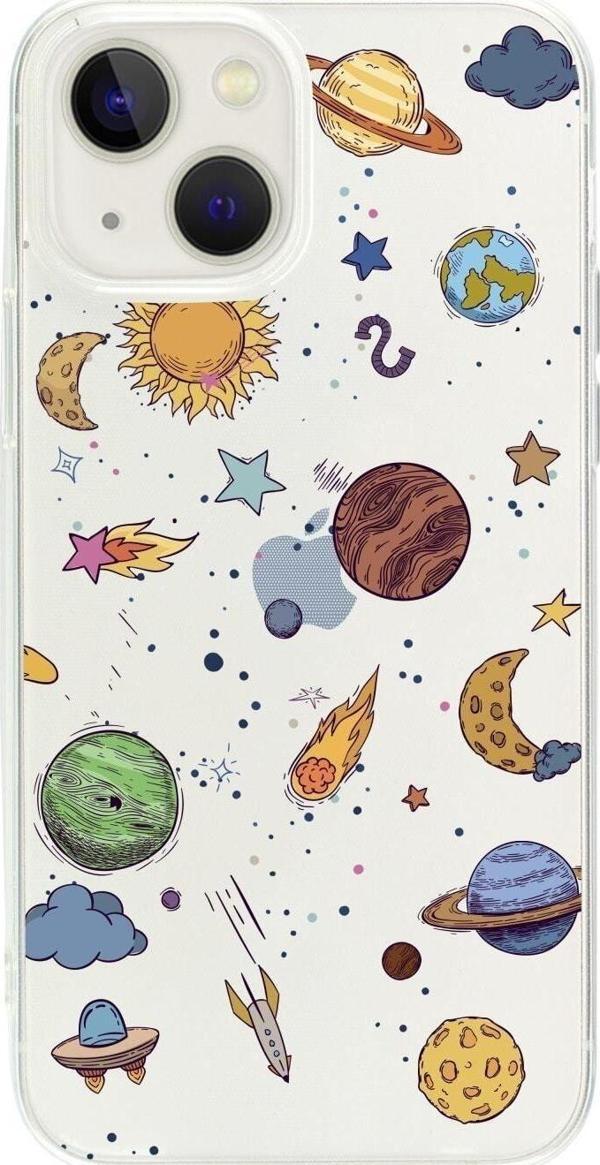 Butikcase İphone 14 Plus Gezegenler Desenli Şeffaf Telefon Kılıfı - Image 1
