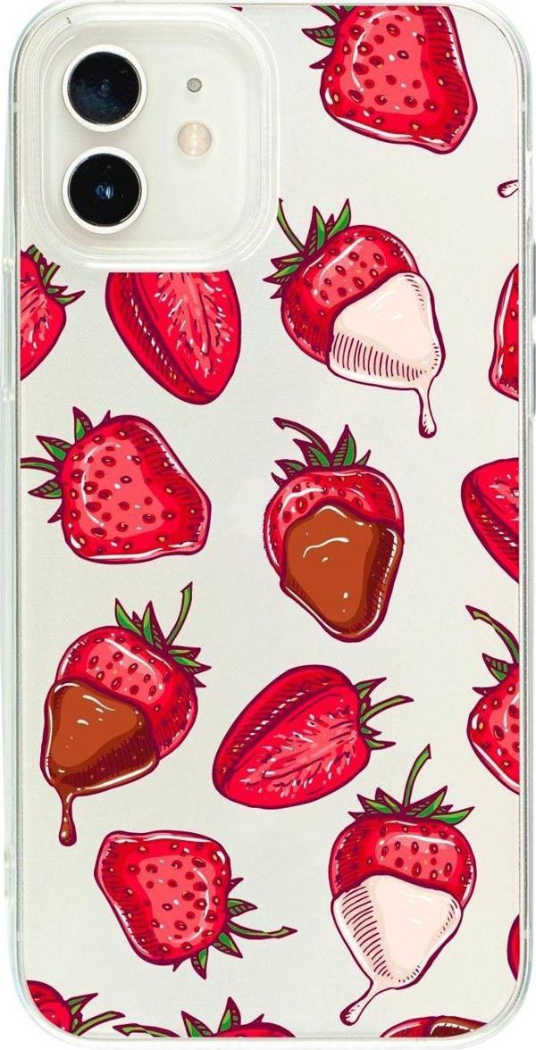 Mooodcase İphone 12 Uyumlu Çikolatalı Çilek Tasarımlı Premium Şeffaf Silikon Kılıf - Image 1