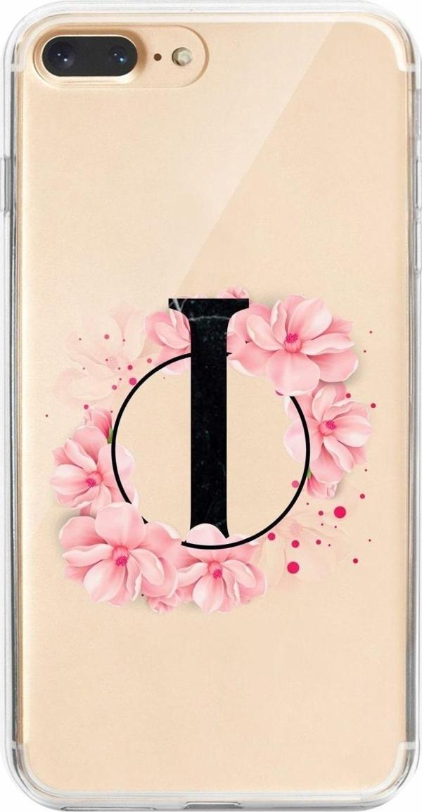 Mooodcase İphone 8 Plus Uyumlu Pembe Çiçek Desen I Harfli Şeffaf Kılıf - Image 1