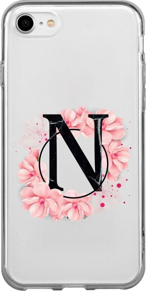Mooodcase İphone 7 Uyumlu Pembe Çiçek Desen N Harfli Şeffaf Kılıf - Image 1